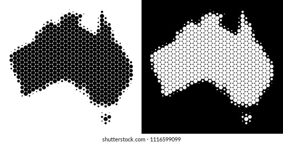 Dot halftone Australia map. Vector geographic scheme on white and black backgrounds. Abstract collage of Australia map created with sphere blots.