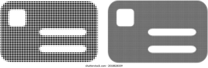 Bankkartensymbol von Dot halftone. Vektor-Halftone-Muster der Bankkarte Symbol aus sphärischem Artikel gebaut.