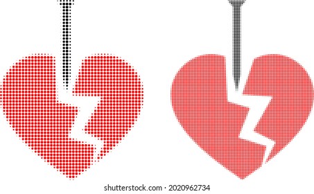 Icono de corazón valentino de la mitad de tono de punto. Patrón de semitono vectorial del pictograma de corazón valentino de ruptura hecho de píxeles de círculo.