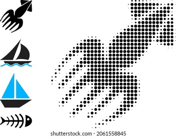 Dot halftone calmar icon, and additional icons. Vector halftone mosaic of calmar pictogram organized of circle points.