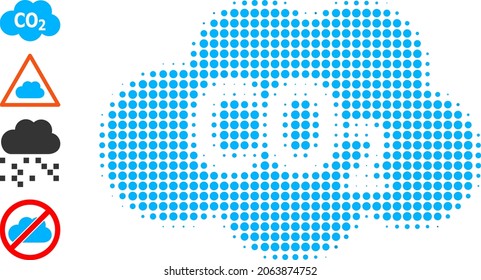 Dot halftone carbon dioxide cloud icon, and bonus icons. Vector halftone collage of carbon dioxide cloud icon constructed of round dots.