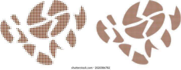 Dot halftone coffee bean destruction icon. Vector halftone mosaic of coffee bean destruction icon formed of round points.