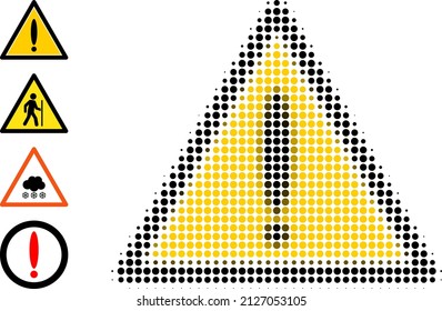 Dot halftone danger triangle icon, and bonus icons. Vector halftone concept of danger triangle icon designed of round pixels.