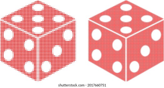 Dot halftone dice cube icon. Vector halftone mosaic of dice cube icon combined of round items.