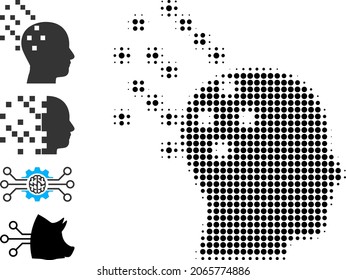 Dot halftone digital brain compilation icon, and bonus icons. Vector halftone mosaic of digital brain compilation icon created of spheric pixels.