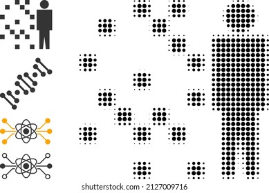 Dot halftone digital man synthesis icon, and other icons. Vector halftone concept of digital man synthesis icon formed of spheric pixels.