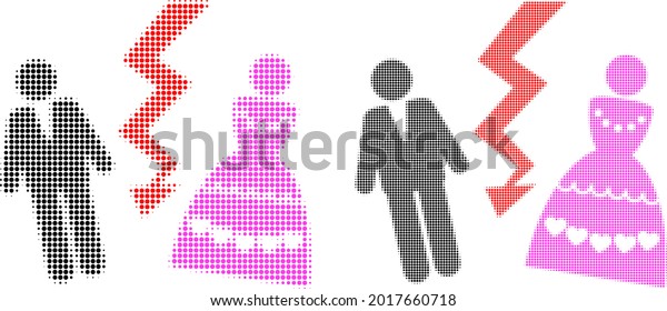 Dot halftone\
divorce persons icon. Vector halftone mosaic of divorce persons\
icon created of spheric\
elements.