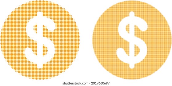 Icono de moneda de medio tono de punto de dólar. Composición vectorial de medio tono del símbolo de moneda en dólares hecho de artículos redondos.