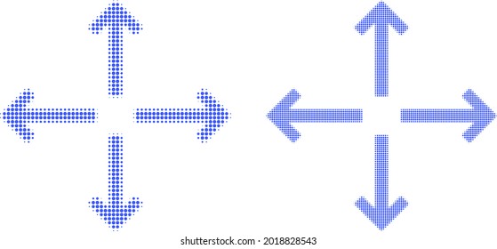 Dot halftone expand arrows icon. Vector halftone collage of expand arrows icon composed of spheric dots.