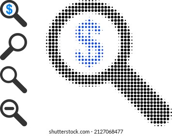 Dot halftone financial audit icon, and source icons. Vector halftone mosaic of financial audit icon composed of spheric items.