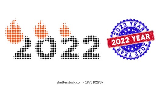 Dot halftone fired 2022 year icon, and 2022 Year scratched stamp seal. 2022 Year stamp seal uses bicolor rosette form, red and blue colors.