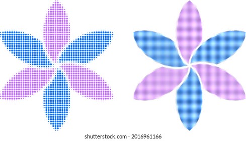 Icono de flor de semitono de punto. Mosaico vectorial medio tono del icono floral construido con puntos de círculo.