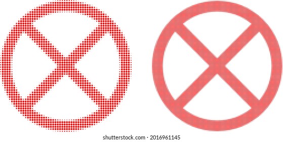 Dot halftone forbidden icon. Vector halftone mosaic of forbidden icon designed of spheric pixels.
