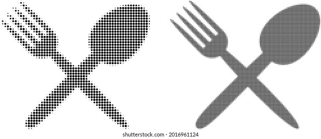 Dot halftone fork and spoon icon. Vector halftone mosaic of fork and spoon icon combined of spheric pixels.