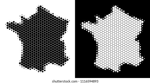 Dot halftone France map. Vector geographic scheme on white and black backgrounds. Abstract mosaic of France map made with round elements.