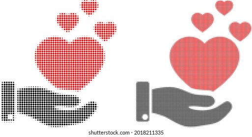 Dot halftone hand offer love hearts icon. Vector halftone collage of hand offer love hearts icon organized of circle items.