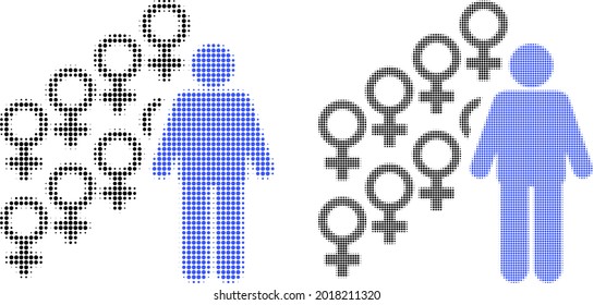 Dot halftone harem symbol icon. Vector halftone collage of harem symbol icon done from circle pixels.