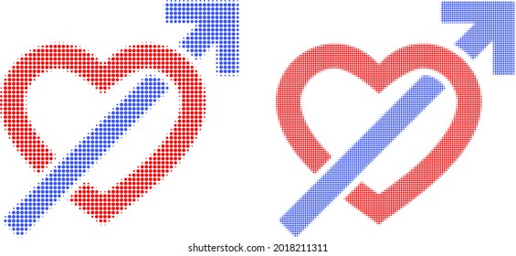 Icono de flecha de penetración cardiaca de medio tono de punto. Concepto vectorial de medio tono del símbolo de flecha de penetración cardíaca combinado de puntos esféricos.