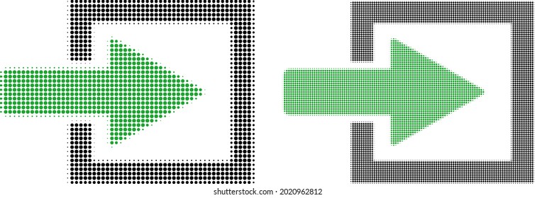 Dot halftone import arrow icon. Vector halftone composition of import arrow symbol formed of round elements.