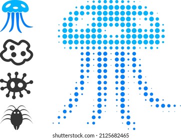 Dot halftone jellyfish icon, and original icons. Vector halftone mosaic of jellyfish pictogram created of spheric pixels.