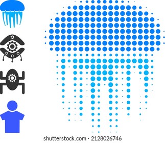 Dot halftone jellyfish icon, and original icons. Vector halftone collage of jellyfish icon constructed of spheric elements.