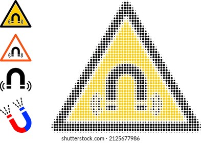 Dot halftone magnet field danger icon, and bonus icons. Vector halftone pattern of magnet field danger icon created of round pixels.