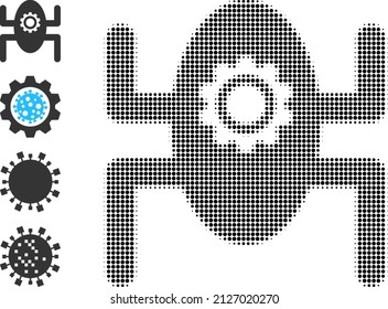 Dot halftone microrobot icon, and other icons. Vector halftone composition of microrobot icon created of spheric points.