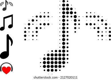 Dot-halftone-Musiksymbol und Quellsymbole. Vektorhalftone Komposition der Musik Symbol entworfen von sphärischen Elementen.