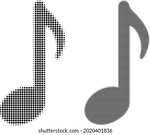 Dot halftone music note icon. Vector halftone pattern of music note icon designed of spheric items.