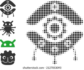 Dot halftone nanobot icon, and additional icons. Vector halftone composition of nanobot icon done of circle items.