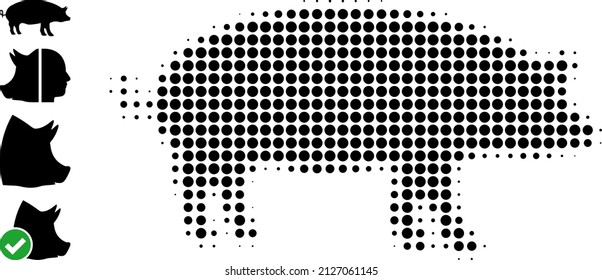 Dot halftone pig icon, and source icons. Vector halftone collage of pig icon formed of round items.