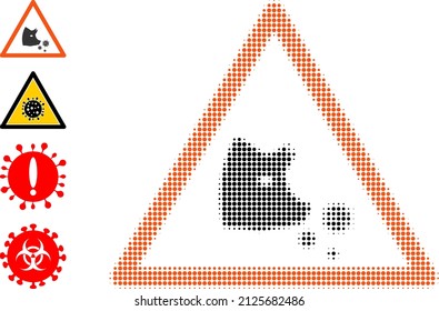 Dot halftone pork flu warning icon, and source icons. Vector halftone mosaic of pork flu warning icon composed of spheric points.