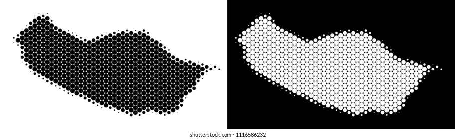 Dot halftone Portugal Madeira Island map. Vector geographic plan on white and black backgrounds. Abstract mosaic of Portugal Madeira Island map made of spheric points.