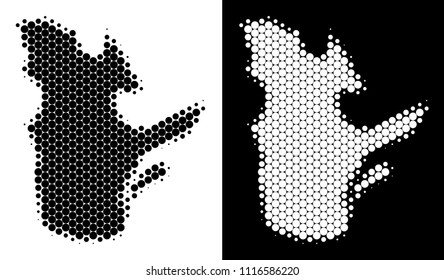 Dot halftone Quebec Province map. Vector geographic scheme on white and black backgrounds. Abstract mosaic of Quebec Province map done with sphere dots.