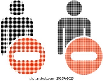 Dot halftone remove man figure icon. Vector halftone pattern of remove man figure icon made of circle points.