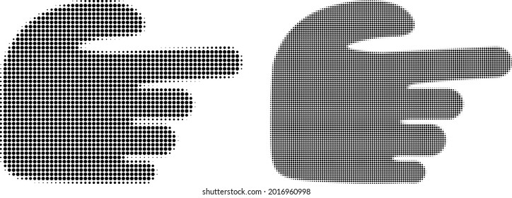 Icono del dedo índice derecho del punto medio. Collage de medio tono vectorial del icono del dedo índice derecho diseñado de puntos esféricos.