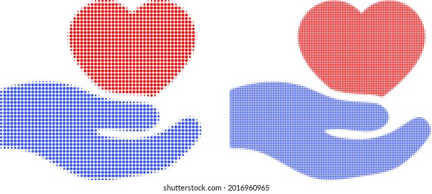 Dot halftone romantic heart offer hand icon. Vector halftone composition of romantic heart offer hand icon done of spheric items.