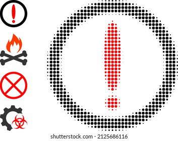 Rund um das Symbol für Punkt-halftone-Warnzeichen und die Quellsymbole. Vektor-Halftone Muster der runden Warnung Symbol aus Kreisen organisiert.