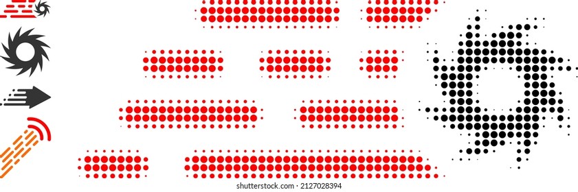 Dot halftone rush circular saw icon, and bonus icons. Vector halftone composition of rush circular saw pictogram composed of round items.