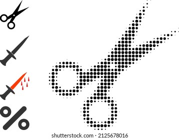 Dot halftone scissors icon, and source icons. Vector halftone collage of scissors icon constructed of round dots.