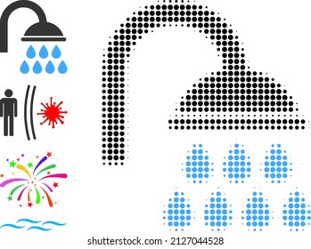 Icono de ducha con semitono de punto y otros iconos. Mosaico vectorial medio tono del icono de ducha formado por píxeles redondos.