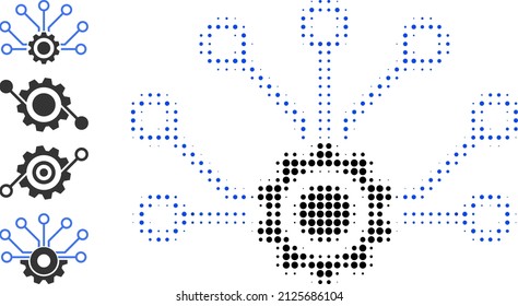 Dot halftone smart cog icon, and bonus icons. Vector halftone composition of smart cog icon combined of circle items.