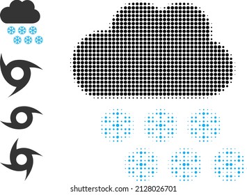 Dot halftone snow weather icon, and bonus icons. Vector halftone concept of snow weather icon organized of spheric items.