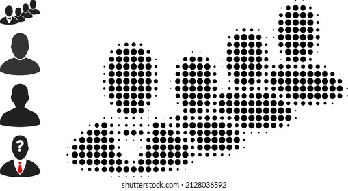 Dot halftone staff manager icon, and bonus icons. Vector halftone composition of staff manager icon composed of round dots.