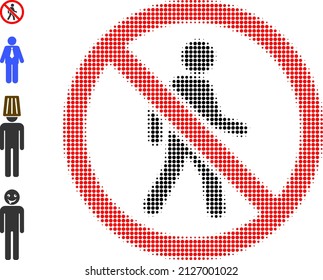 Dot halftone stop pedestrian man icon, and additional icons. Vector halftone composition of stop pedestrian man pictogram created of round elements.