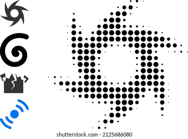 Dot halftone storm swirl icon, and source icons. Vector halftone composition of storm swirl icon done from spheric points.