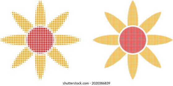 Dot halftone sun shine icon. Vector halftone concept of sun shine icon created of spheric pixels.