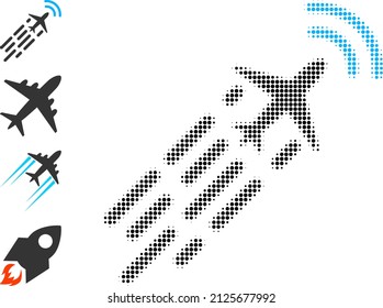 Dot halftone supersonic airplane flight icon, and source icons. Vector halftone pattern of supersonic airplane flight icon designed with spheric elements.