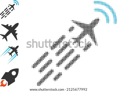 Dot halftone supersonic airplane flight icon, and source icons. Vector halftone pattern of supersonic airplane flight icon designed with spheric elements.