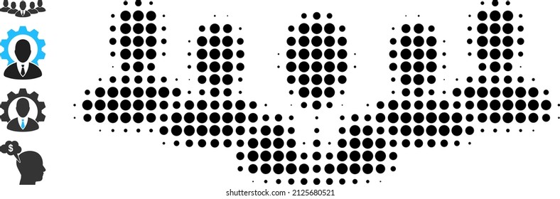 Dot halftone team boss icon, and original icons. Vector halftone collage of team boss icon made of round elements.